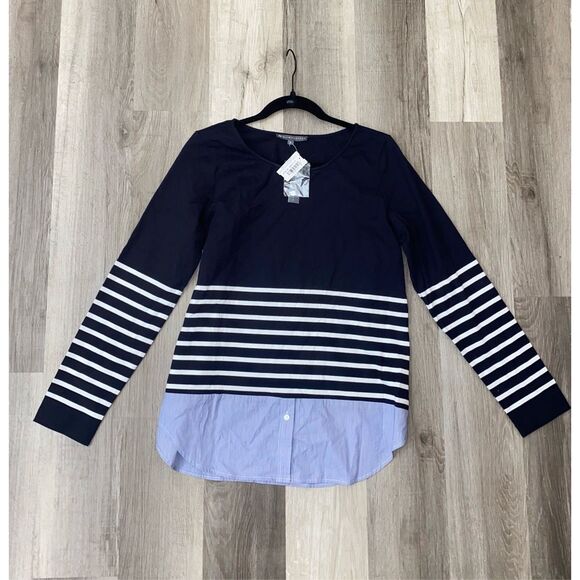 Elliott Lauren NWT Navy Blue Red Side Zipper Blouse, Size Small, MSRP $160 - Picture 1 of 12